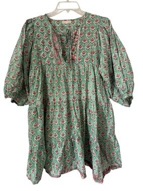 Marea Floral puff Sleeve Tie tiered front mini dress XS Green pockets